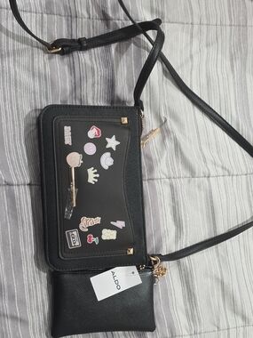ALDO Black Crossbody Bag with Decorative Sticker Patch Panel